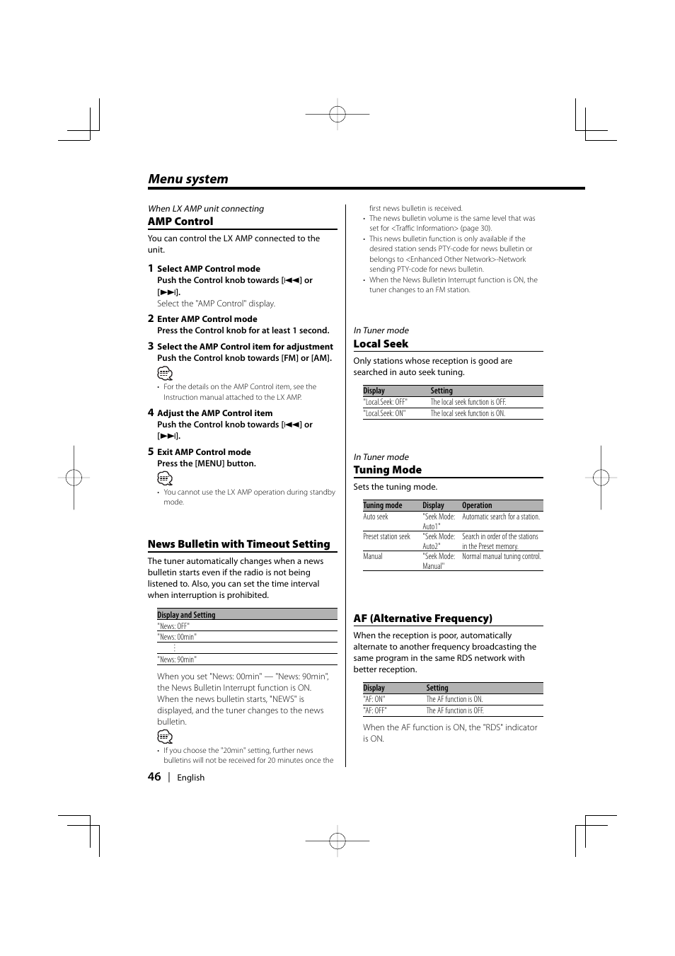 Menu system | Kenwood KDC-PSW9531 User Manual | Page 46 / 64