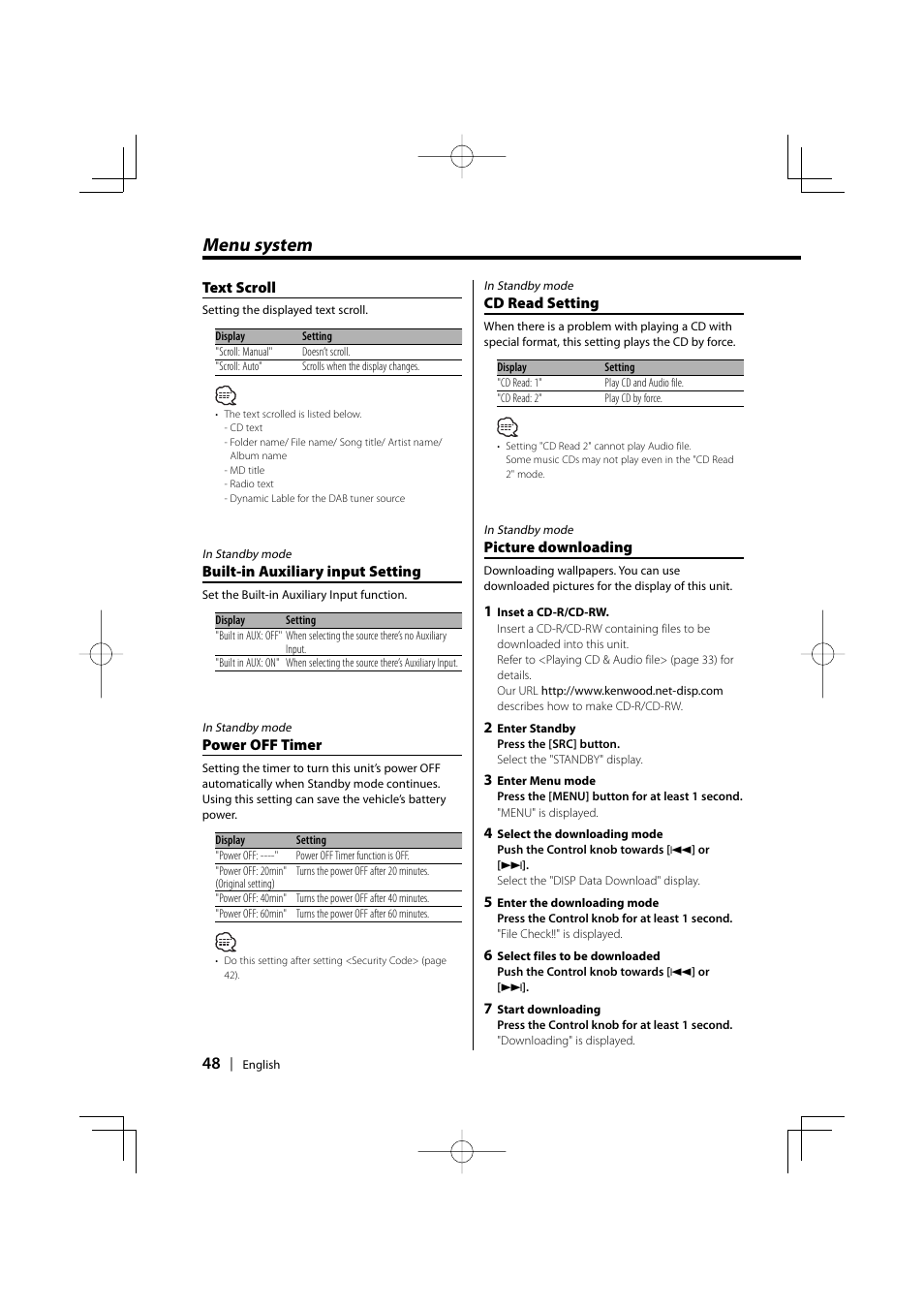 Menu system | Kenwood KDC-PSW9531 User Manual | Page 48 / 64