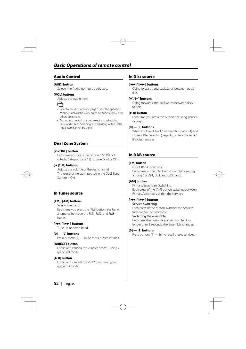 Basic operations of remote control | Kenwood KDC-PSW9531 User Manual | Page 52 / 64