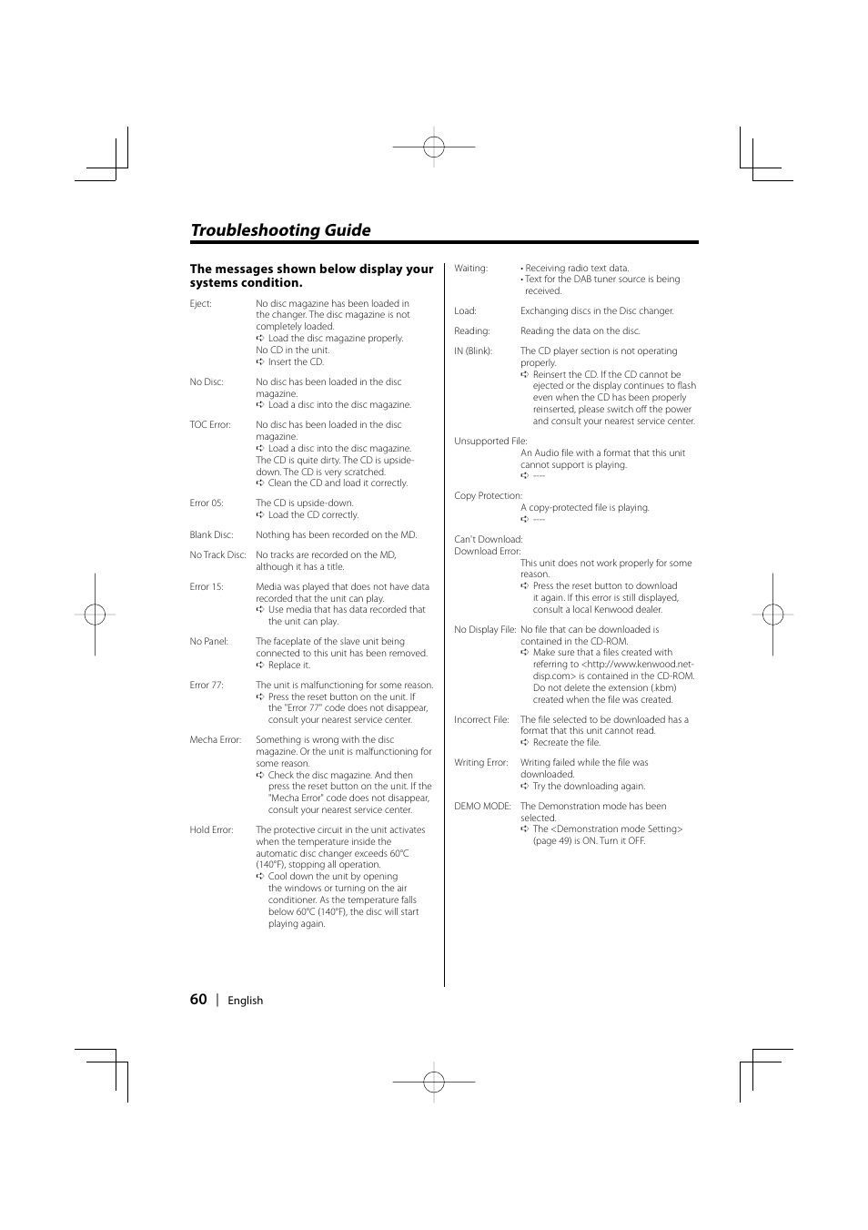 Troubleshooting guide | Kenwood KDC-PSW9531 User Manual | Page 60 / 64