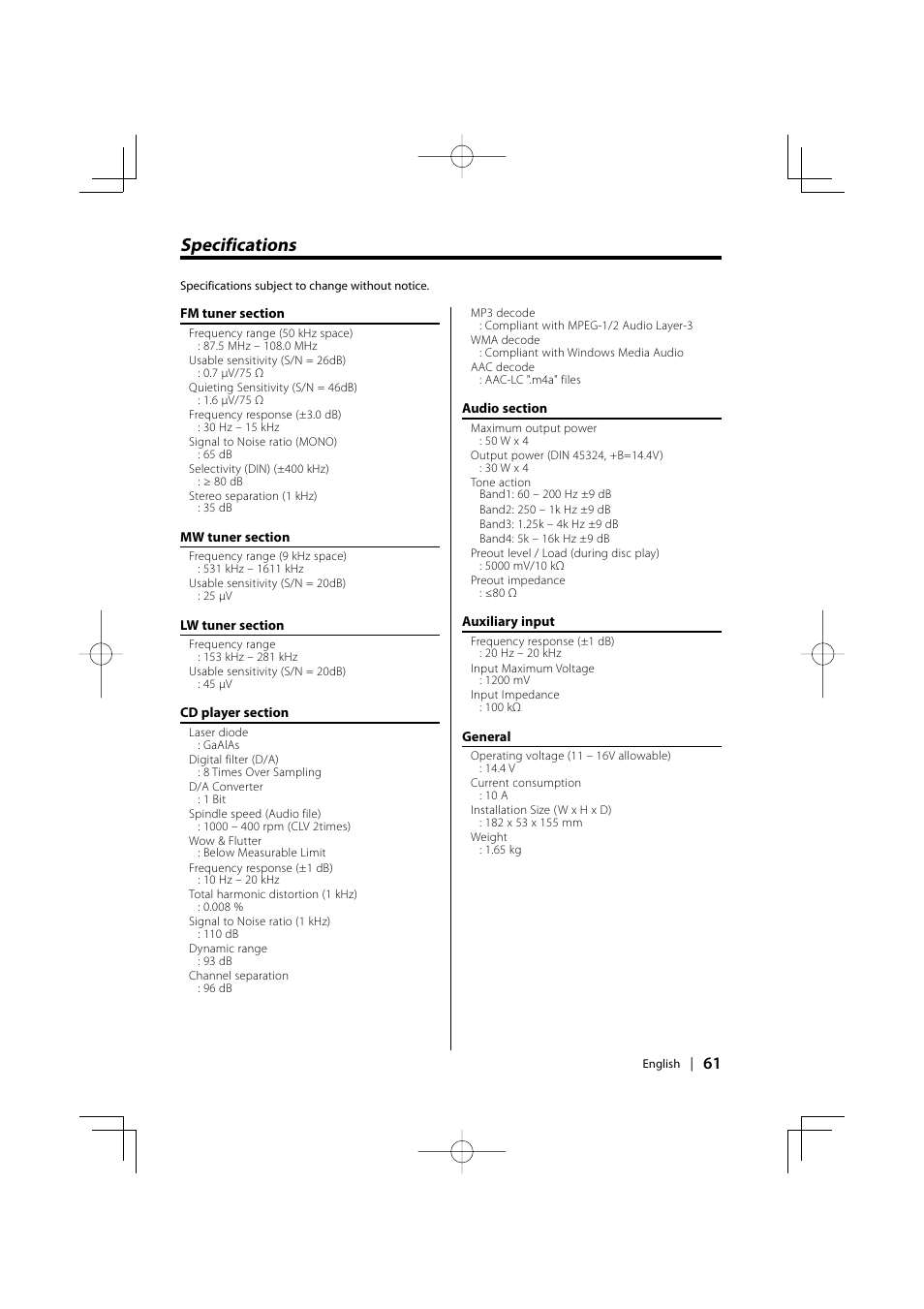 Specifications | Kenwood KDC-PSW9531 User Manual | Page 61 / 64