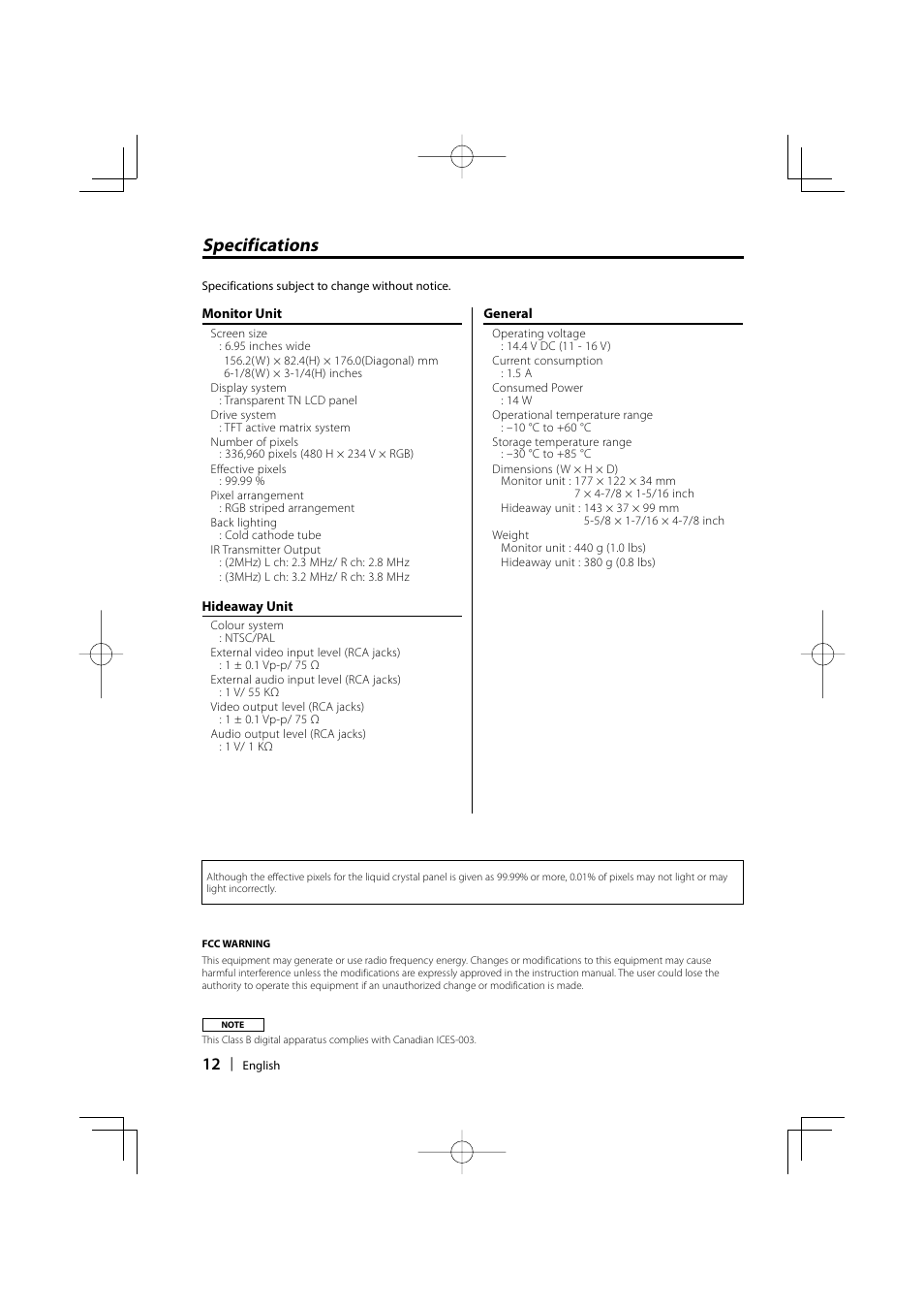 Specifications | Kenwood LZ-702IR User Manual | Page 12 / 96