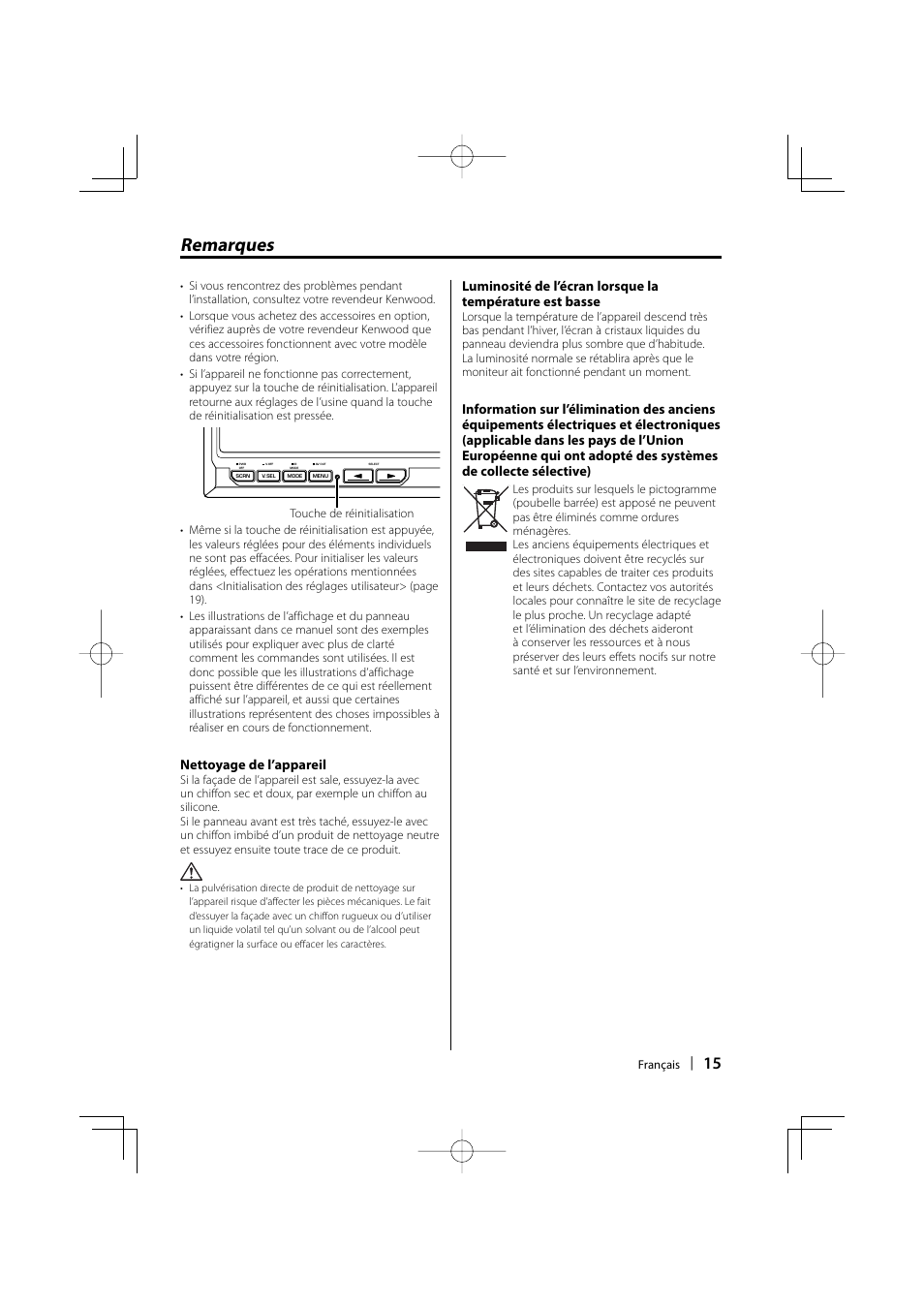 Remarques, Nettoyage de l’appareil | Kenwood LZ-702IR User Manual | Page 15 / 96