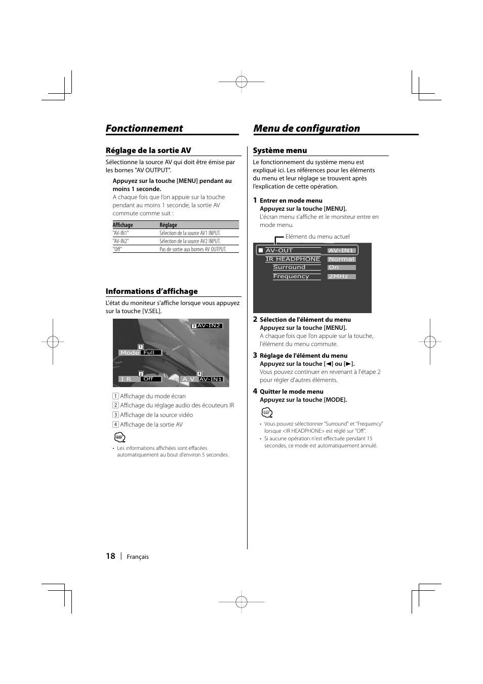 Menu de configuration, Fonctionnement, Système menu | Informations d’affichage, Réglage de la sortie av | Kenwood LZ-702IR User Manual | Page 18 / 96