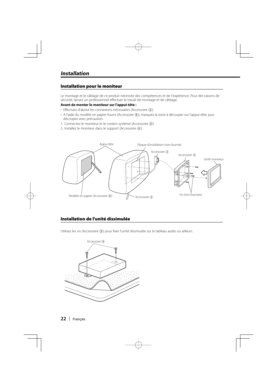 Installation, Installation pour le moniteur, Installation de l'unité dissimulée | Kenwood LZ-702IR User Manual | Page 22 / 96