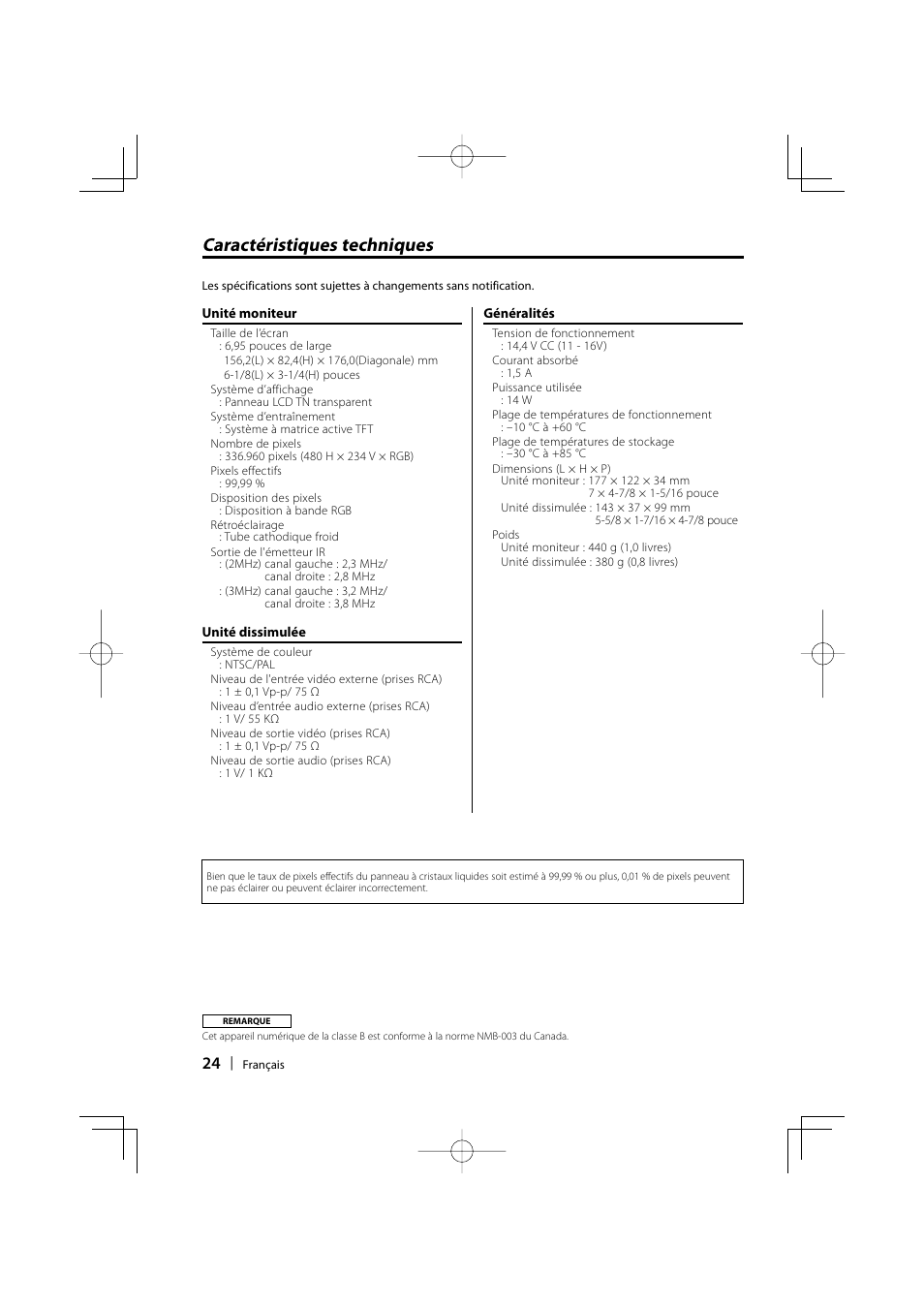 Caractéristiques techniques | Kenwood LZ-702IR User Manual | Page 24 / 96