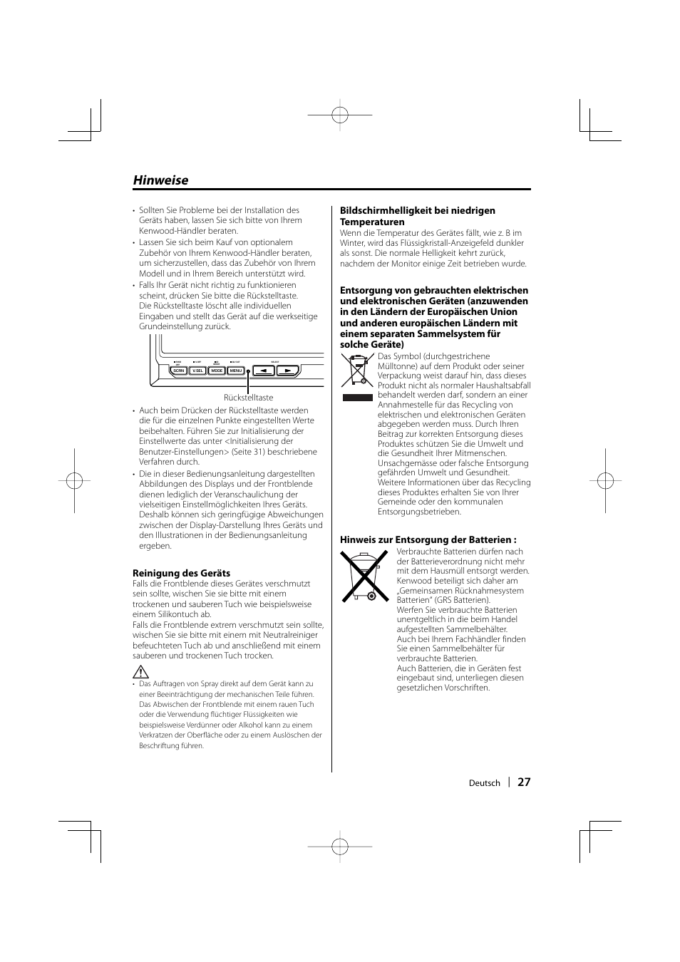 Hinweise, Reinigung des geräts, Bildschirmhelligkeit bei niedrigen temperaturen | Hinweis zur entsorgung der batterien | Kenwood LZ-702IR User Manual | Page 27 / 96