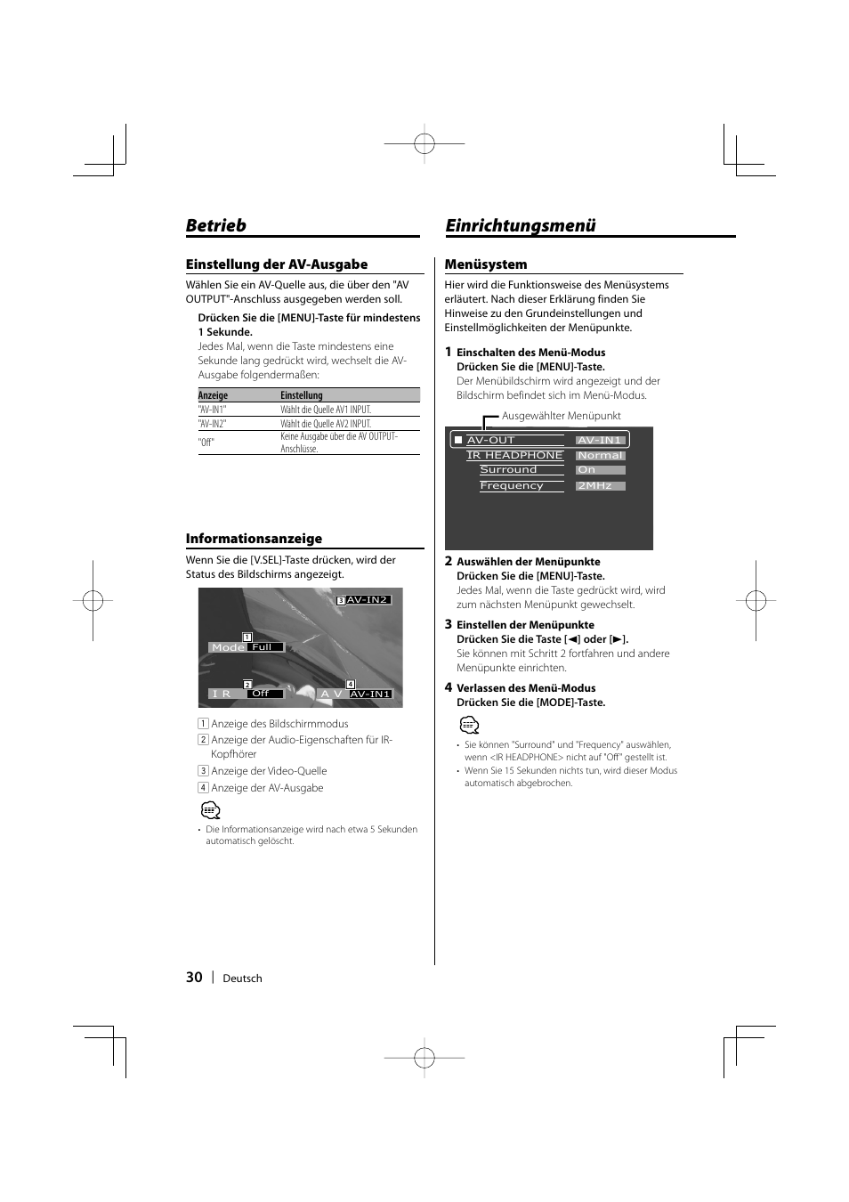 Einrichtungsmenü, Betrieb, Menüsystem | Informationsanzeige, Einstellung der av-ausgabe | Kenwood LZ-702IR User Manual | Page 30 / 96