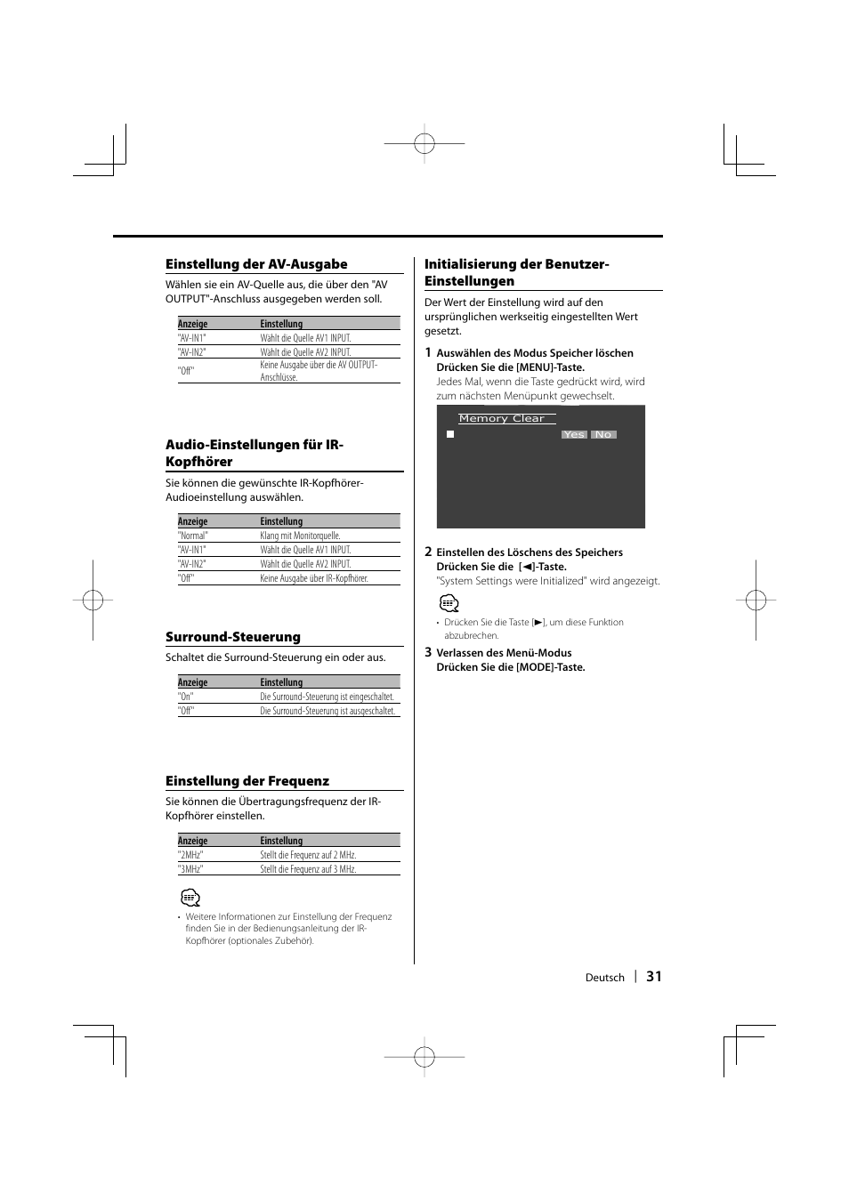 Initialisierung der benutzer- einstellungen, Audio-einstellungen für ir- kopfhörer, Einstellung der av-ausgabe | Surround-steuerung, Einstellung der frequenz | Kenwood LZ-702IR User Manual | Page 31 / 96