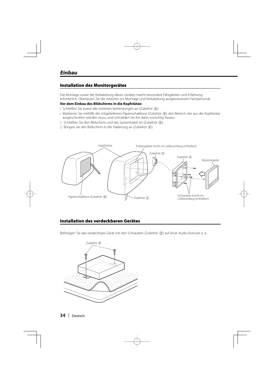 Einbau, Installation des monitorgerätes, Installation des verdeckbaren gerätes | Kenwood LZ-702IR User Manual | Page 34 / 96