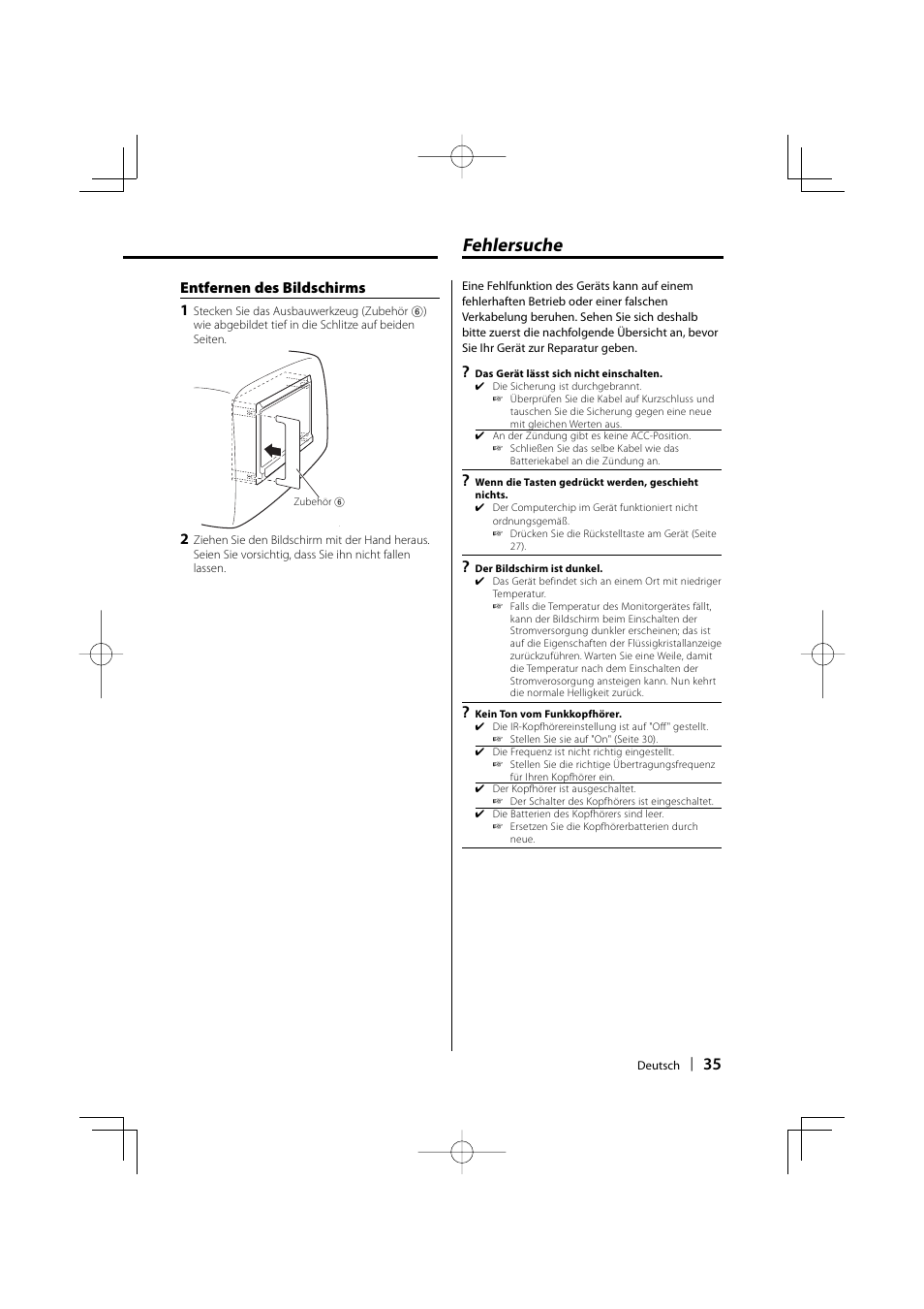 Fehlersuche, Entfernen des bildschirms 1 | Kenwood LZ-702IR User Manual | Page 35 / 96