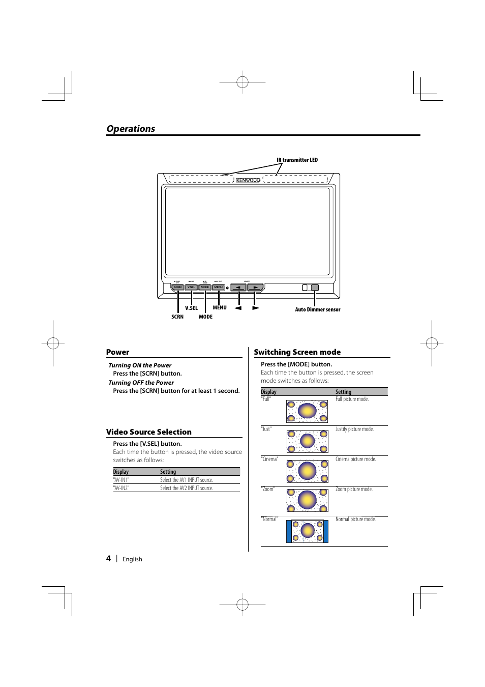 Operations, Video source selection, Switching screen mode | Power | Kenwood LZ-702IR User Manual | Page 4 / 96