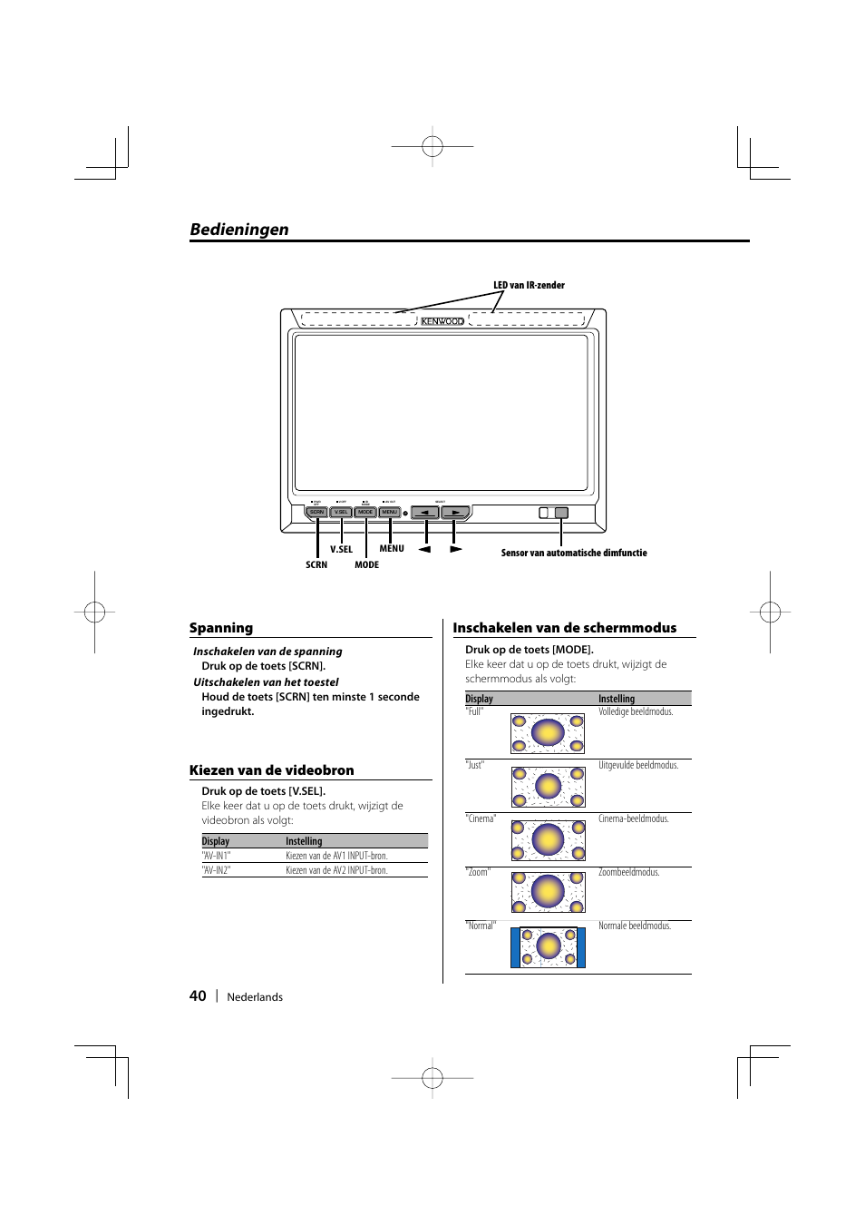 Bedieningen, Kiezen van de videobron, Inschakelen van de schermmodus | Spanning | Kenwood LZ-702IR User Manual | Page 40 / 96