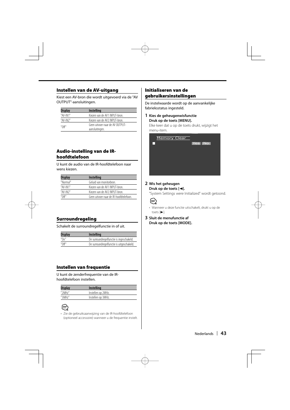 Initialiseren van de gebruikersinstellingen, Audio-instelling van de ir- hoofdtelefoon, Instellen van de av-uitgang | Surroundregeling, Instellen van frequentie | Kenwood LZ-702IR User Manual | Page 43 / 96