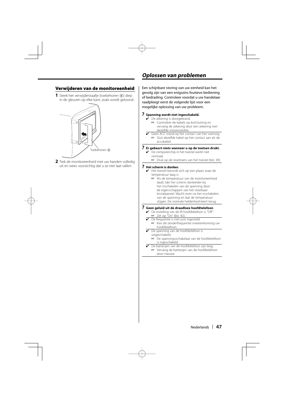 Oplossen van problemen, Verwijderen van de monitoreenheid 1 | Kenwood LZ-702IR User Manual | Page 47 / 96