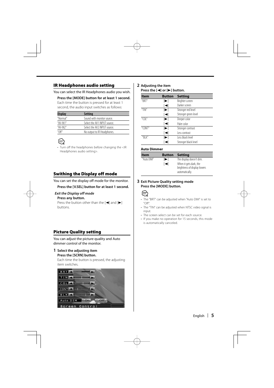 Picture quality setting, Swithing the display off mode, Ir headphones audio setting | Kenwood LZ-702IR User Manual | Page 5 / 96