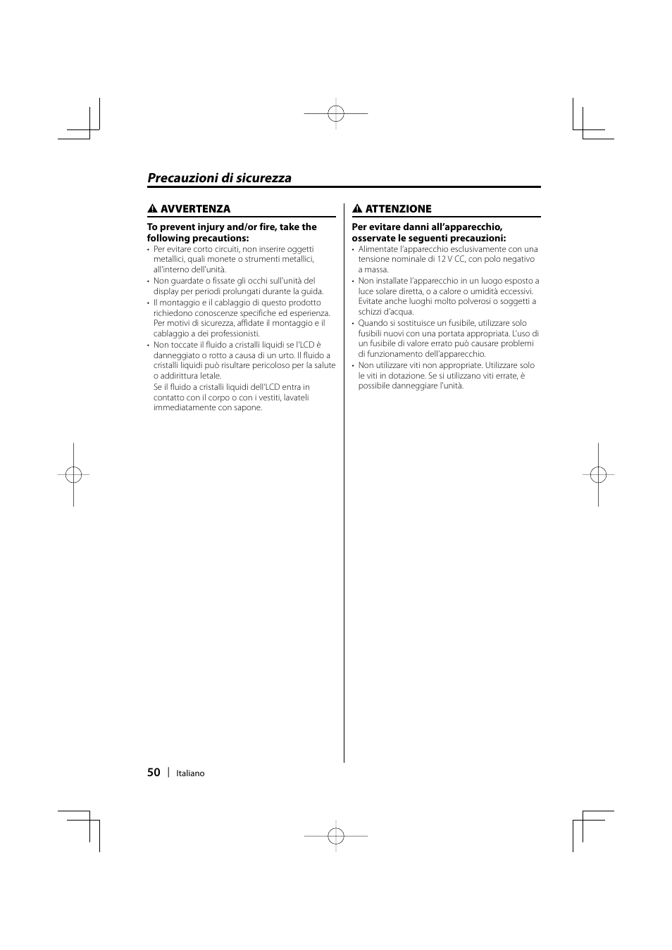 Precauzioni di sicurezza | Kenwood LZ-702IR User Manual | Page 50 / 96