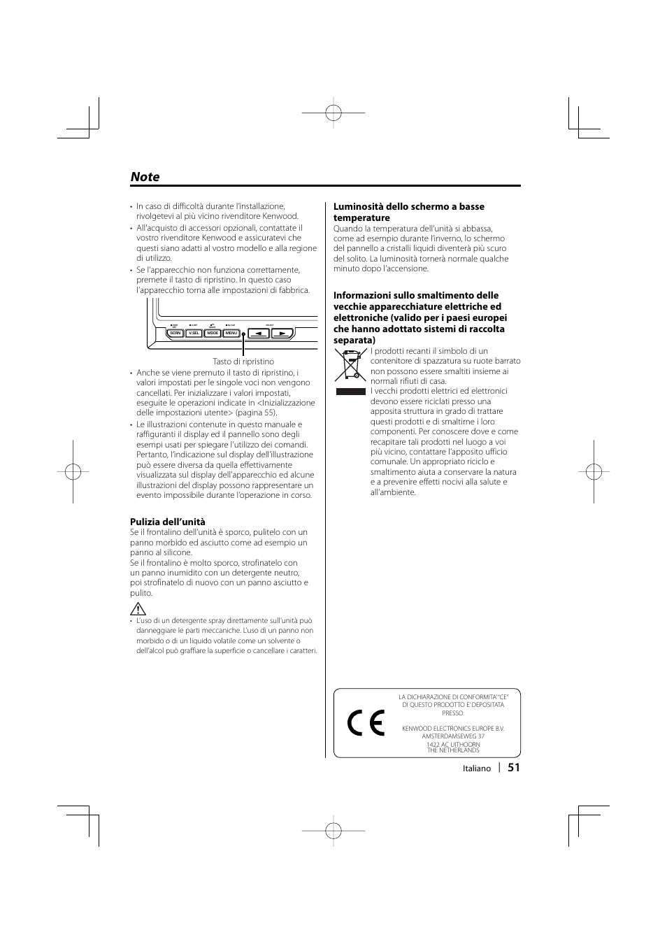 Pulizia dell’unità, Luminosità dello schermo a basse temperature | Kenwood LZ-702IR User Manual | Page 51 / 96