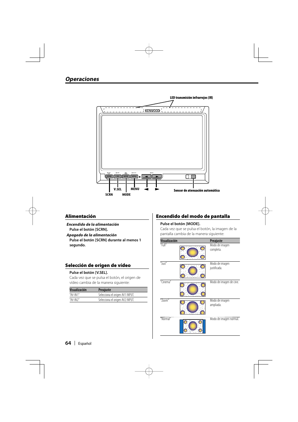 Operaciones, Selección de origen de vídeo, Encendido del modo de pantalla | Alimentación | Kenwood LZ-702IR User Manual | Page 64 / 96