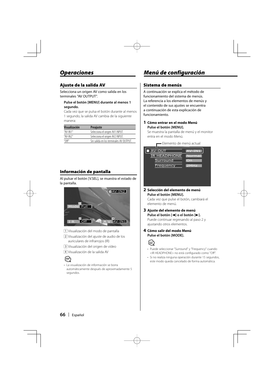 Menú de configuración, Operaciones, Sistema de menús | Información de pantalla, Ajuste de la salida av | Kenwood LZ-702IR User Manual | Page 66 / 96