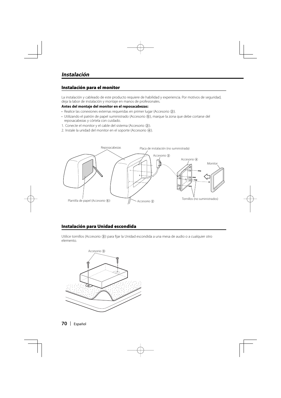 Instalación, Instalación para el monitor, Instalación para unidad escondida | Kenwood LZ-702IR User Manual | Page 70 / 96