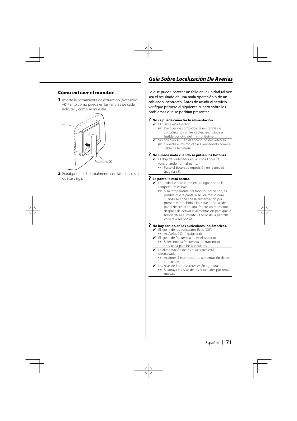 Guía sobre localización de averías, Cómo extraer el monitor 1 | Kenwood LZ-702IR User Manual | Page 71 / 96