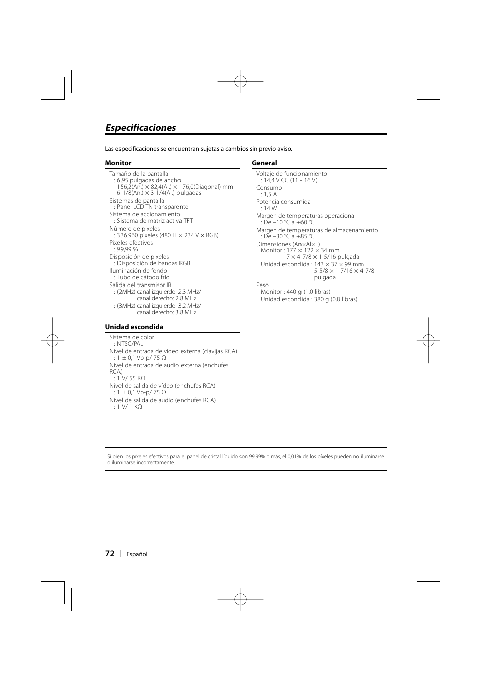 Especificaciones | Kenwood LZ-702IR User Manual | Page 72 / 96