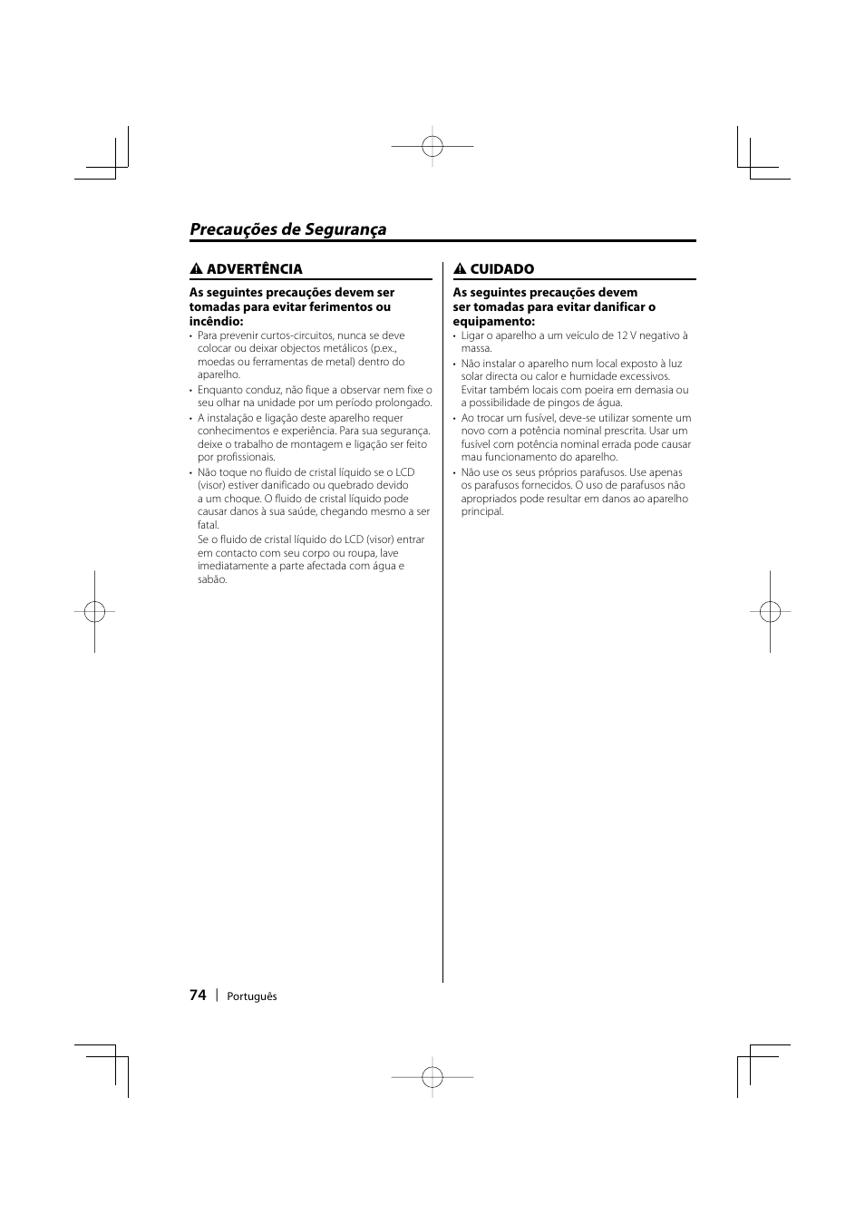 Precauções de segurança | Kenwood LZ-702IR User Manual | Page 74 / 96