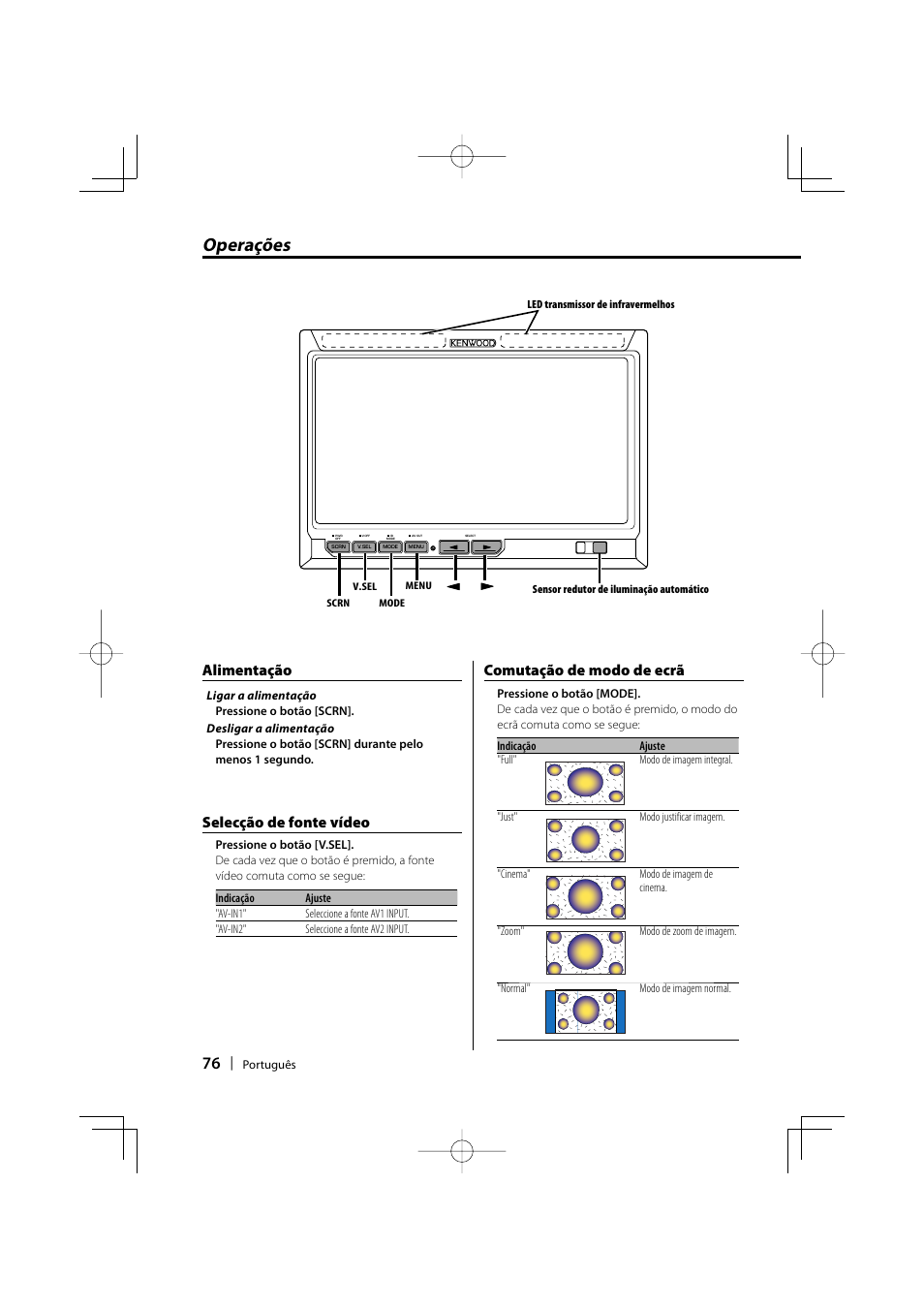 Operações, Selecção de fonte vídeo, Comutação de modo de ecrã | Alimentação | Kenwood LZ-702IR User Manual | Page 76 / 96