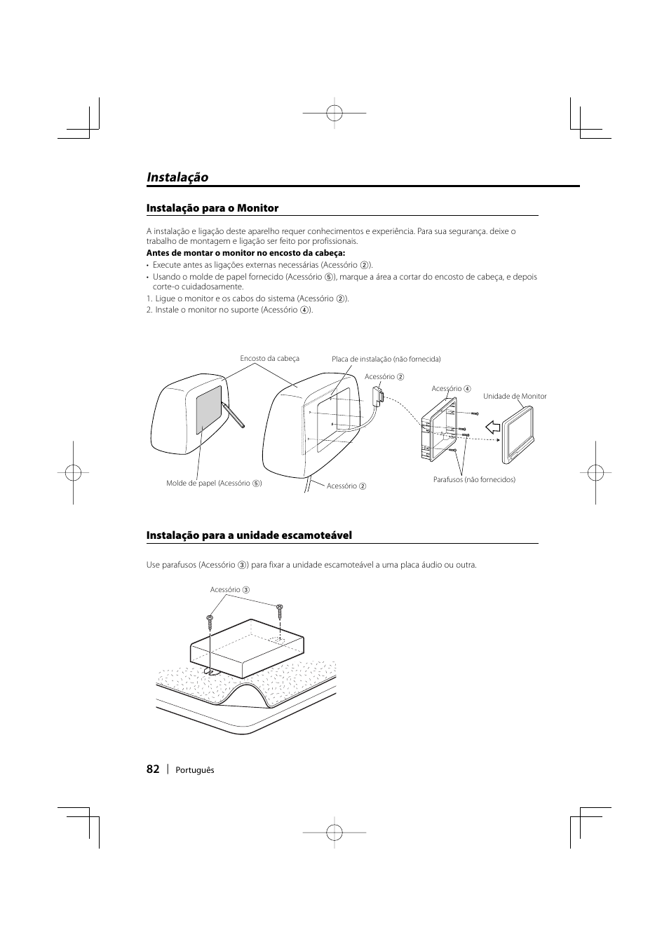 Instalação, Instalação para o monitor, Instalação para a unidade escamoteável | Kenwood LZ-702IR User Manual | Page 82 / 96