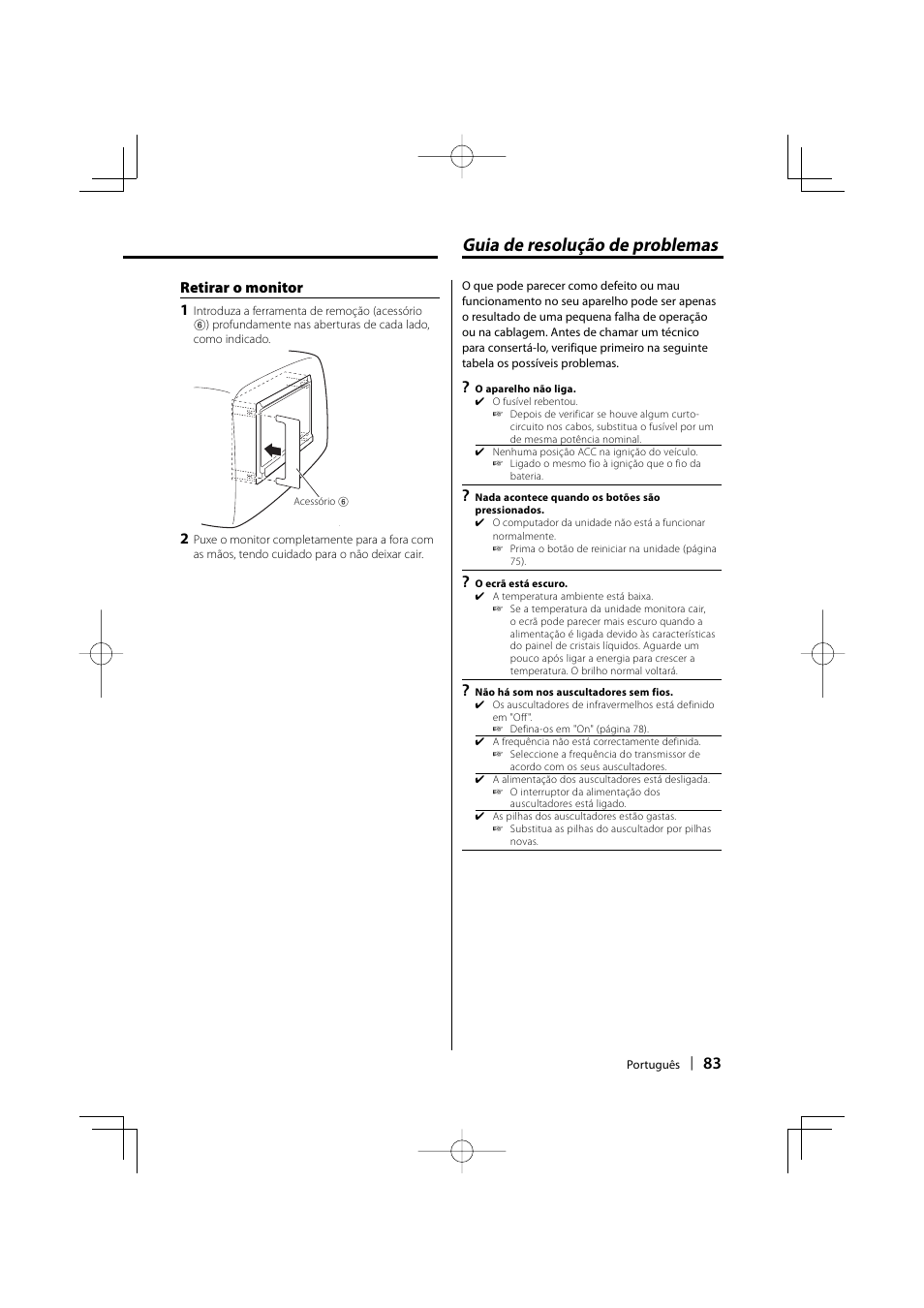 Guia de resolução de problemas, Retirar o monitor 1 | Kenwood LZ-702IR User Manual | Page 83 / 96