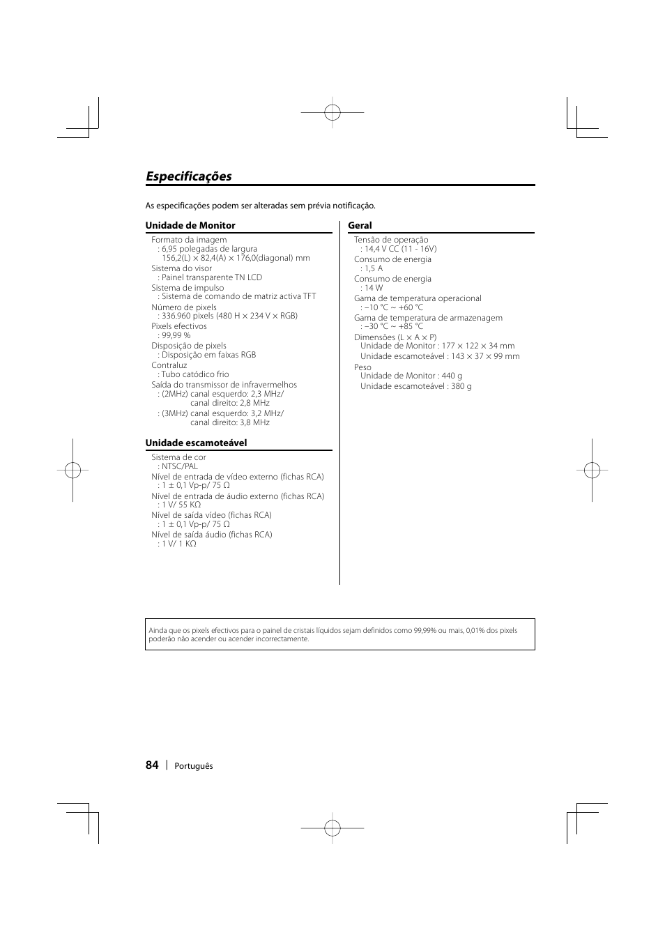 Especificações | Kenwood LZ-702IR User Manual | Page 84 / 96
