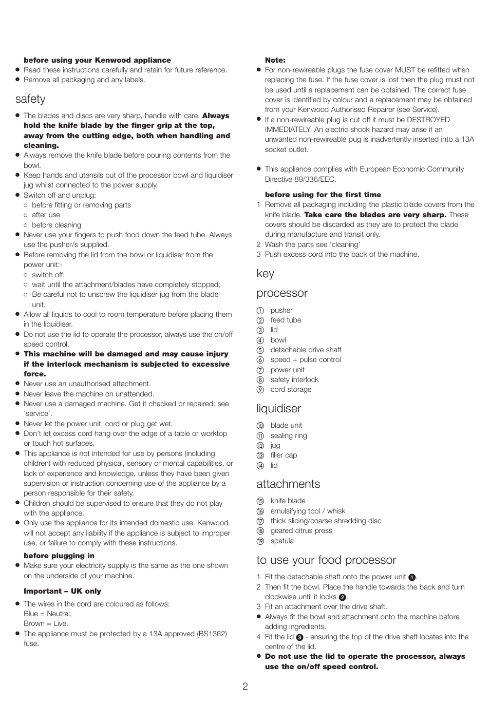 Safety, Key processor, Liquidiser | Attachments | Kenwood FP220 series User Manual | Page 3 / 8