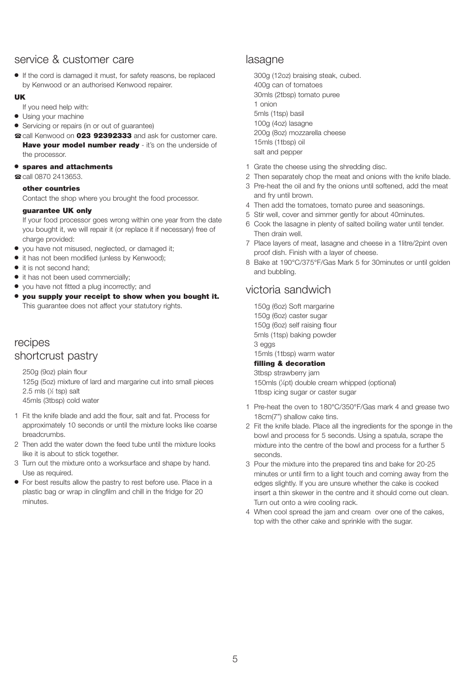 Service & customer care, Recipes shortcrust pastry, Lasagne | Victoria sandwich | Kenwood FP220 series User Manual | Page 6 / 8