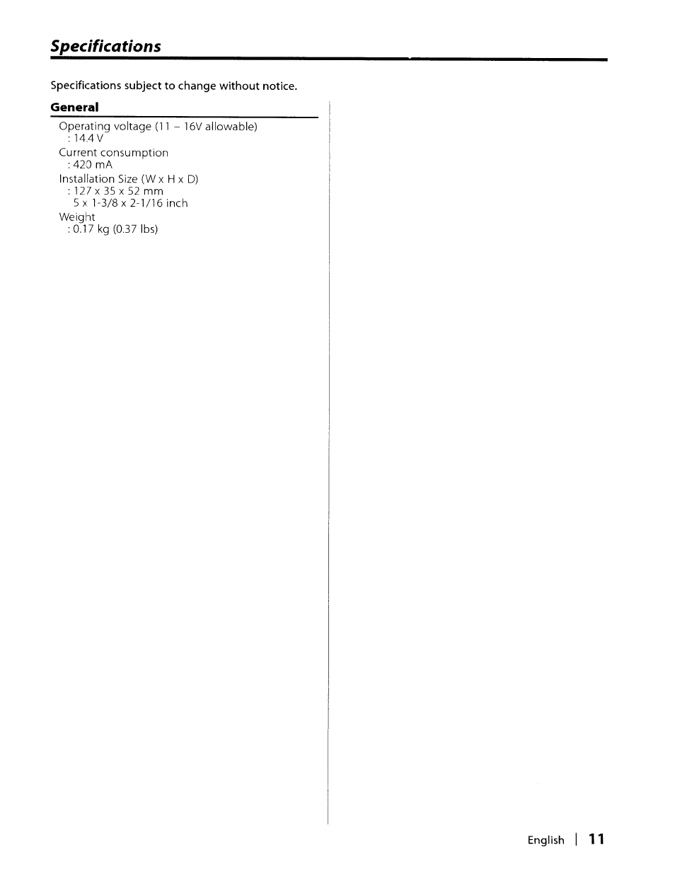 Specifications subject to change without notice, General, I 11 | Specifications | Kenwood KCA-SR50 User Manual | Page 11 / 12