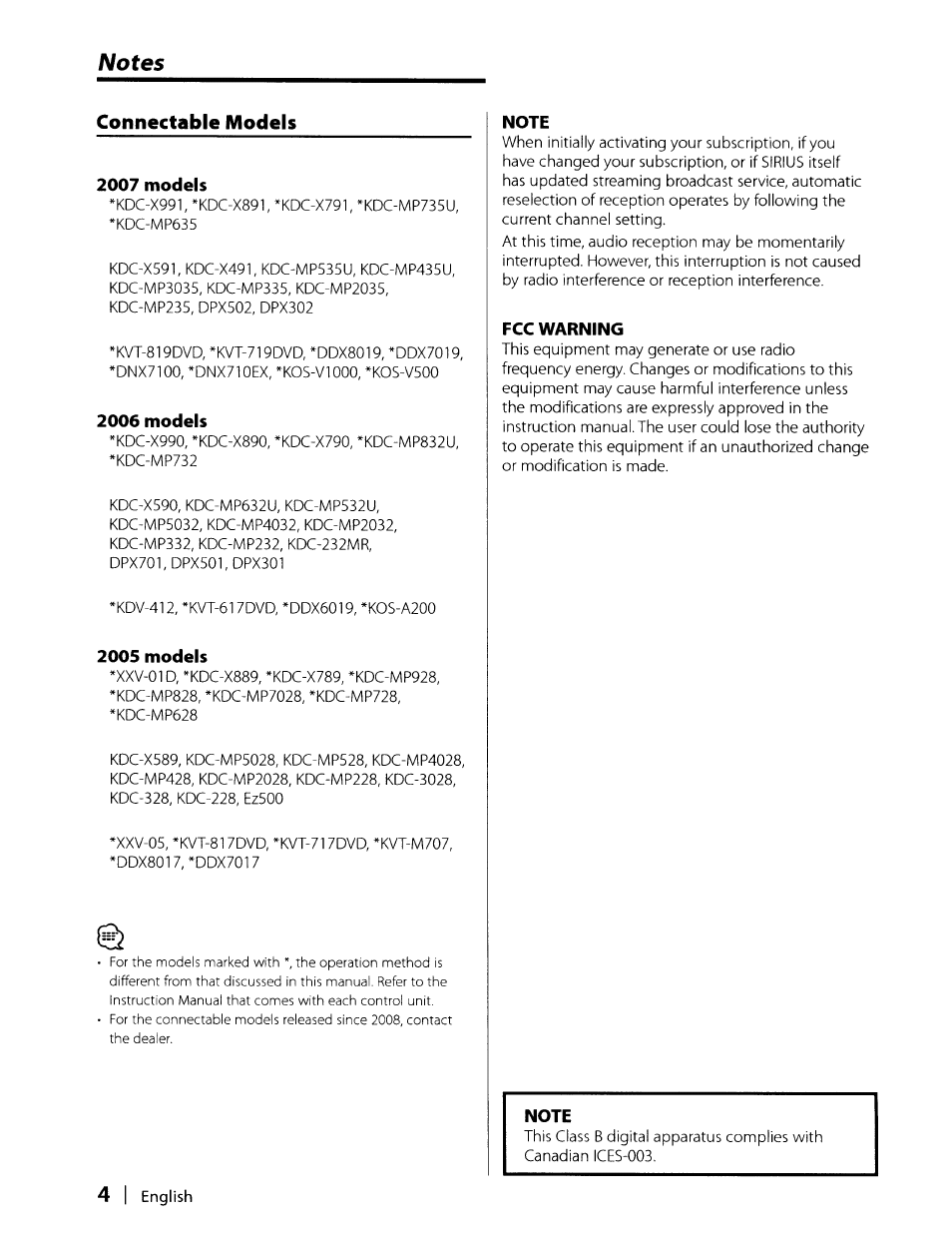 Notes, Connectable models, 2007 models | 2006 models, 2005 models, Note, Fcc warning | Kenwood KCA-SR50 User Manual | Page 4 / 12