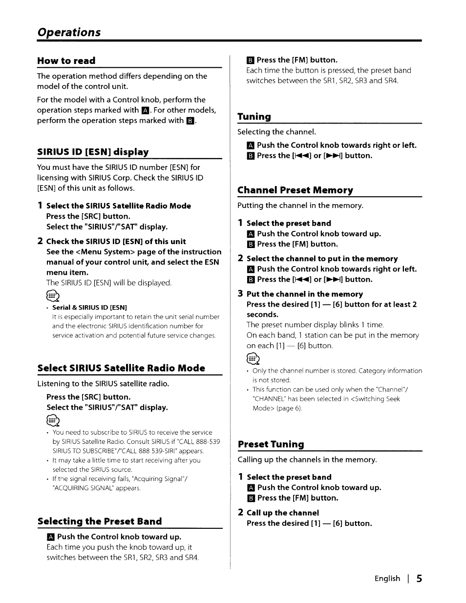 How to read, Sirius id [esn] display, Select sirius satellite radio mode | 13 press the [fm] button, Tuning, Channel preset memory, Preset tuning, Operations | Kenwood KCA-SR50 User Manual | Page 5 / 12