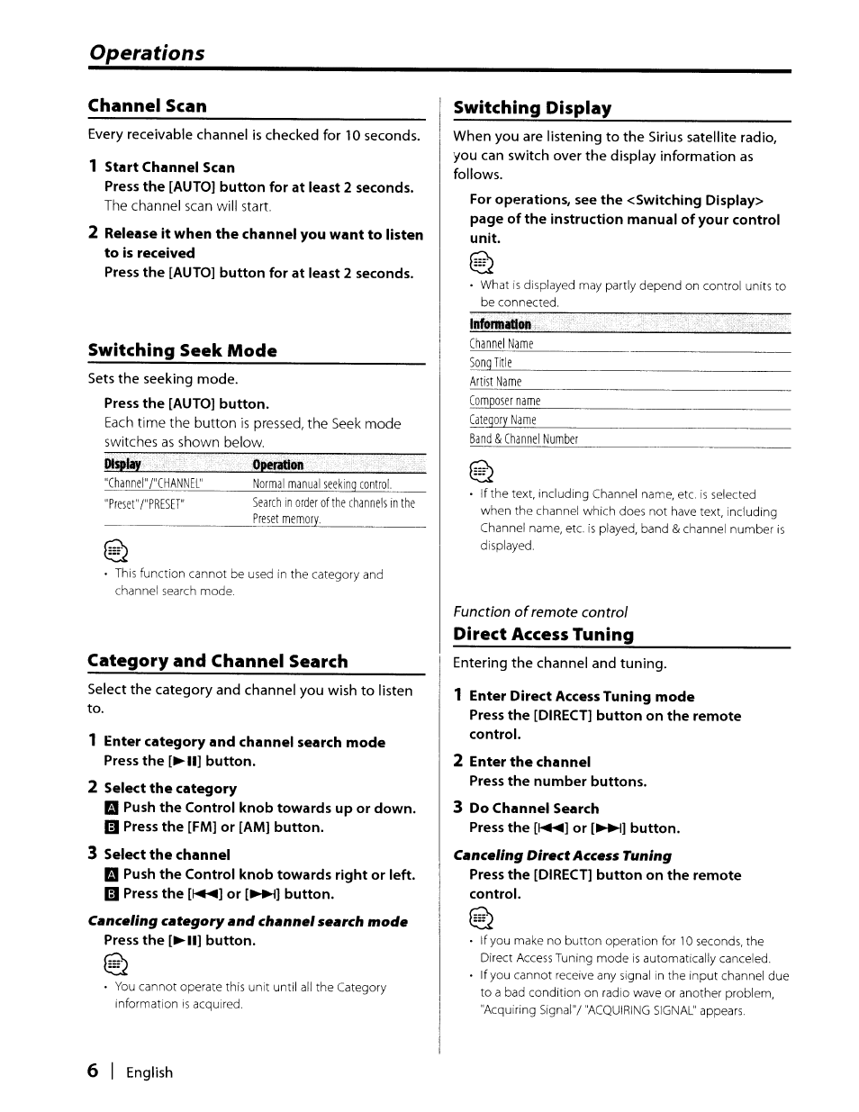 1 start channel scan, Switching seek mode, Category and channel search | 3 select the channel, Switching display, Direct access tuning, Function of remote control, Operations, Channel scan | Kenwood KCA-SR50 User Manual | Page 6 / 12