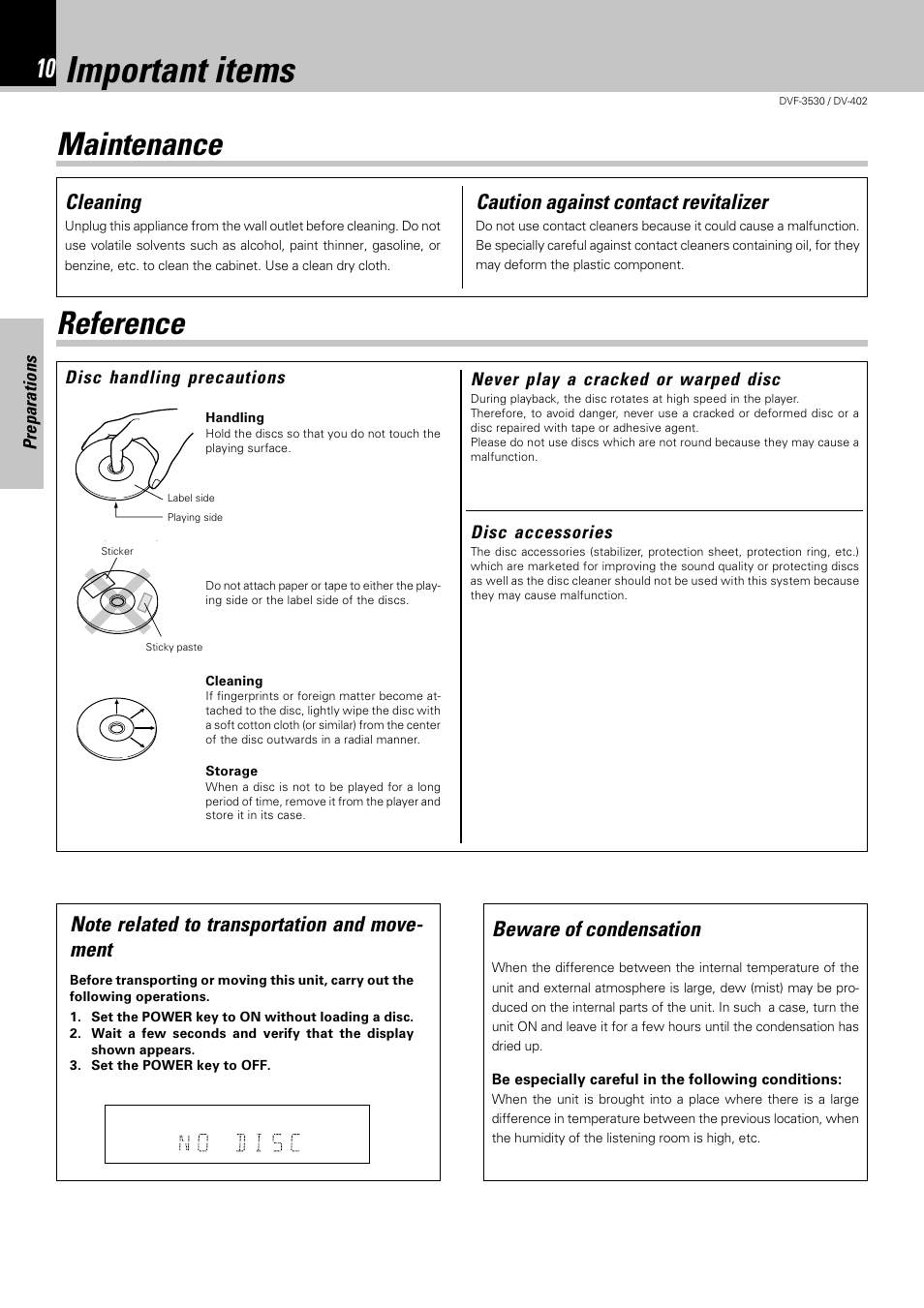 Important items, Maintenance, Reference | Maintenance reference, Cleaning, Caution against contact revitalizer, Beware of condensation | Kenwood DV-402 User Manual | Page 10 / 40
