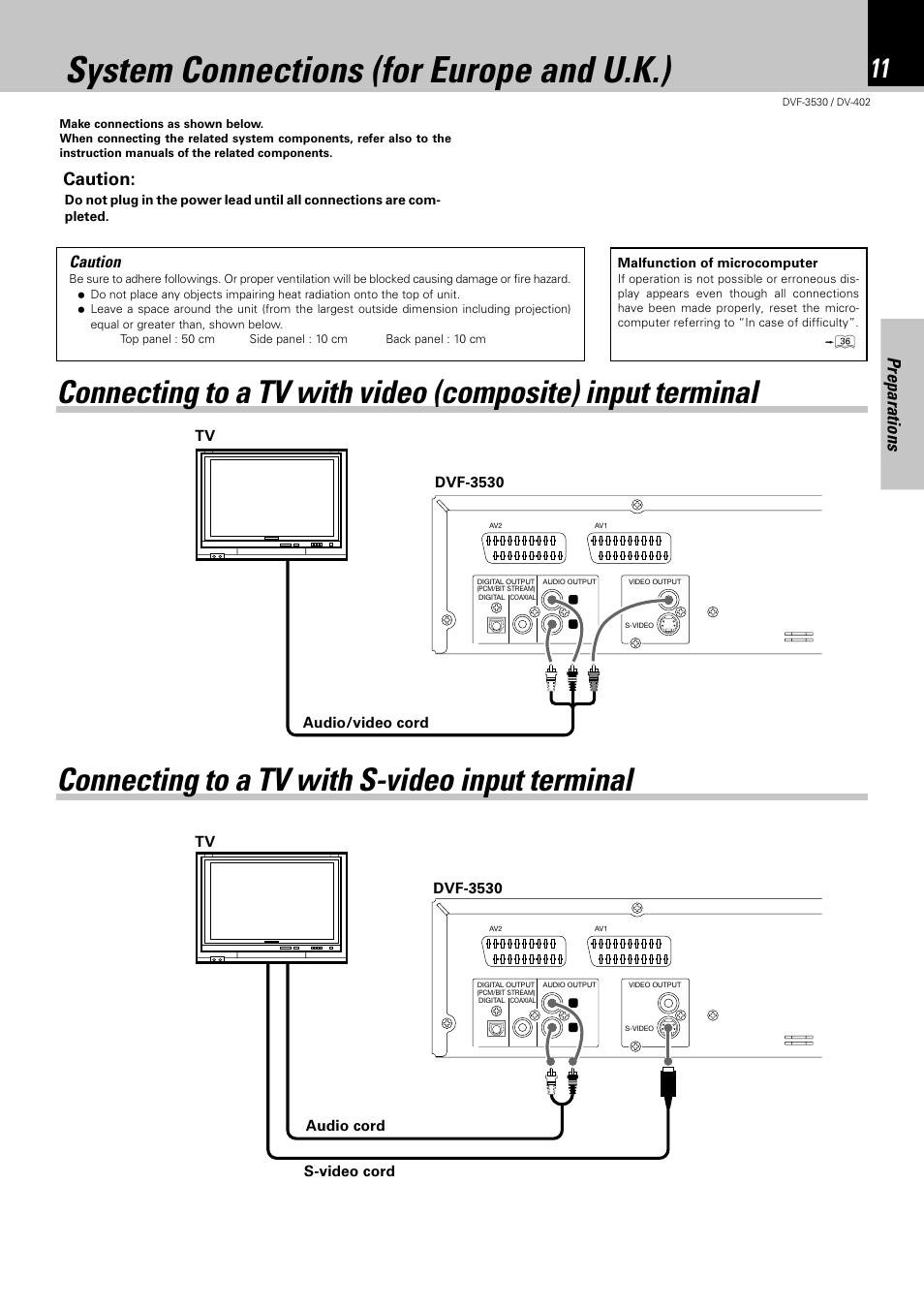 System connections (for europe and u.k.), Connecting to a tv with s-video input terminal, Preparations | Caution | Kenwood DV-402 User Manual | Page 11 / 40