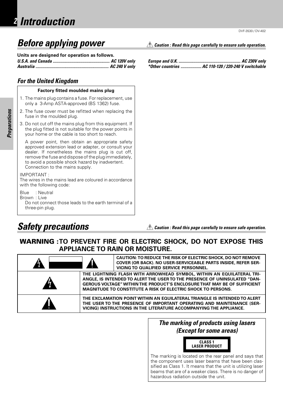 Introduction, Before applying power, Safety precautions | For the united kingdom | Kenwood DV-402 User Manual | Page 2 / 40