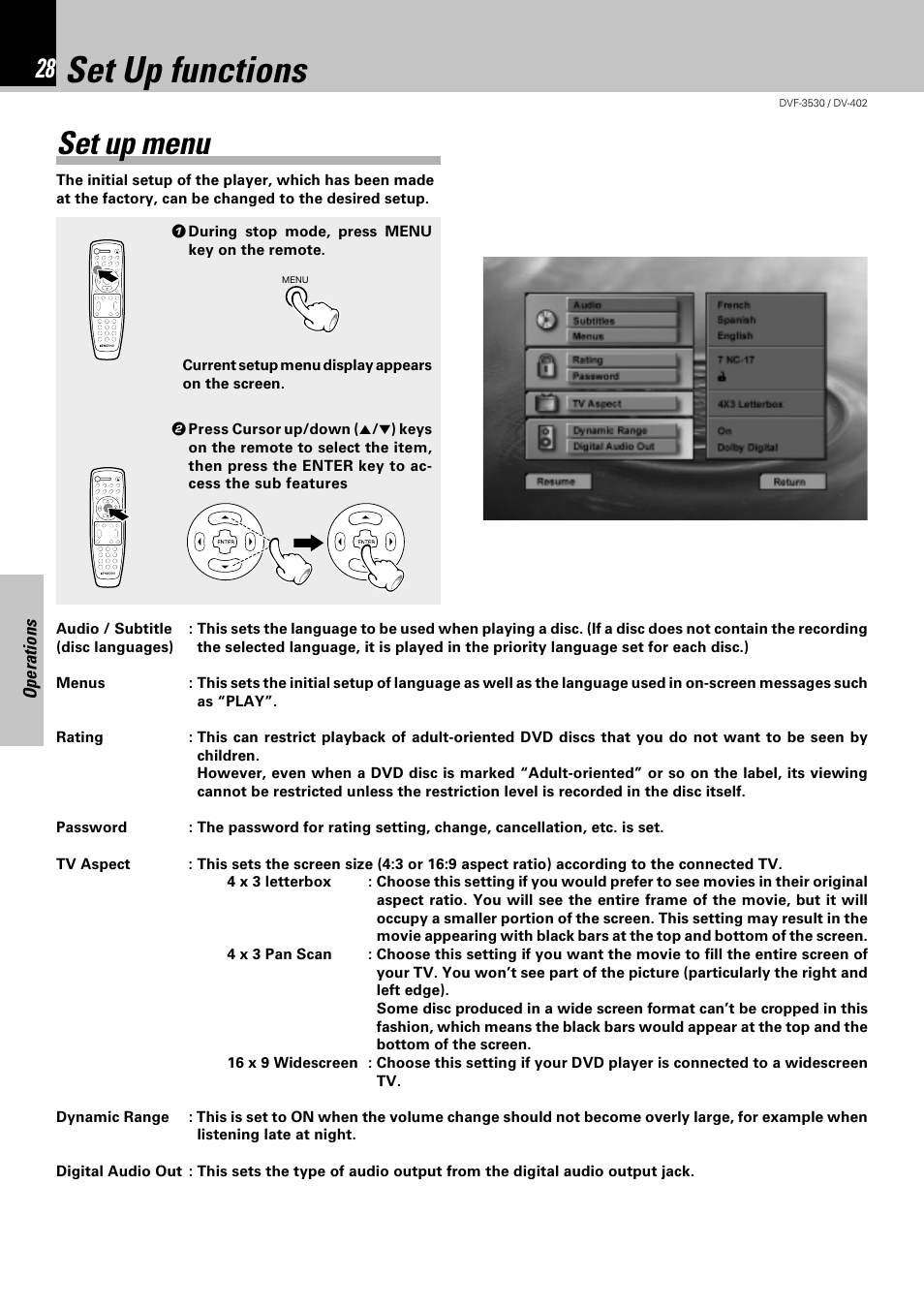 Set up functions, Set up menu | Kenwood DV-402 User Manual | Page 28 / 40