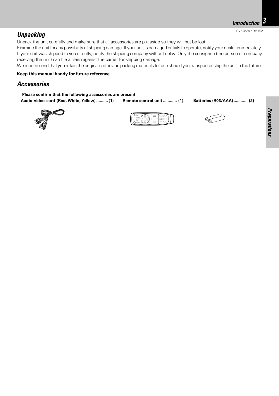 Unpacking, Accessories | Kenwood DV-402 User Manual | Page 3 / 40