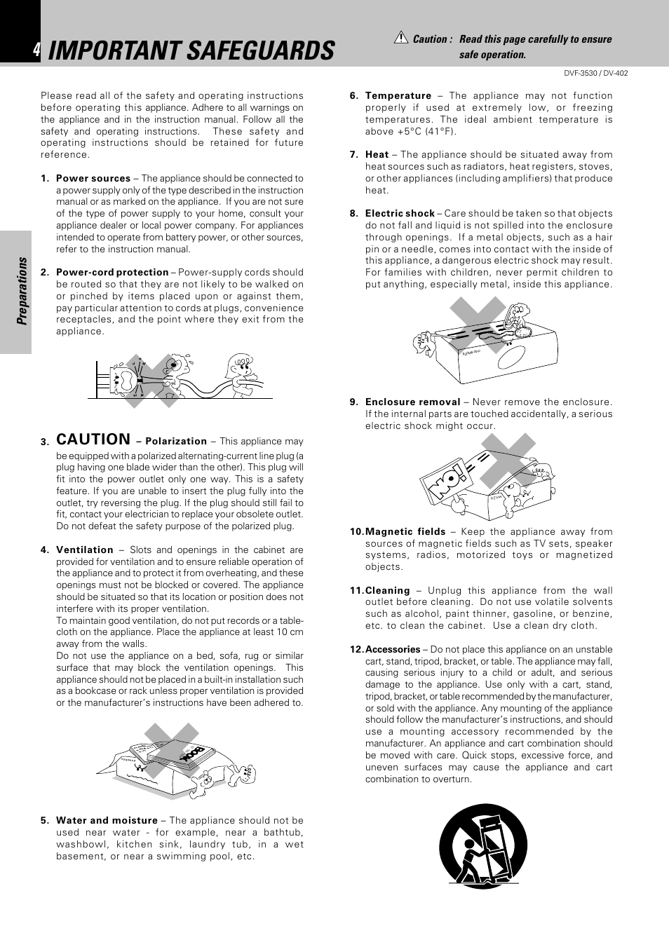 Important safeguards, Caution, Preparations | Kenwood DV-402 User Manual | Page 4 / 40