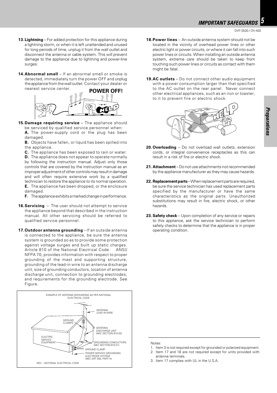 Preparations, Important safeguards, Power off | Kenwood DV-402 User Manual | Page 5 / 40