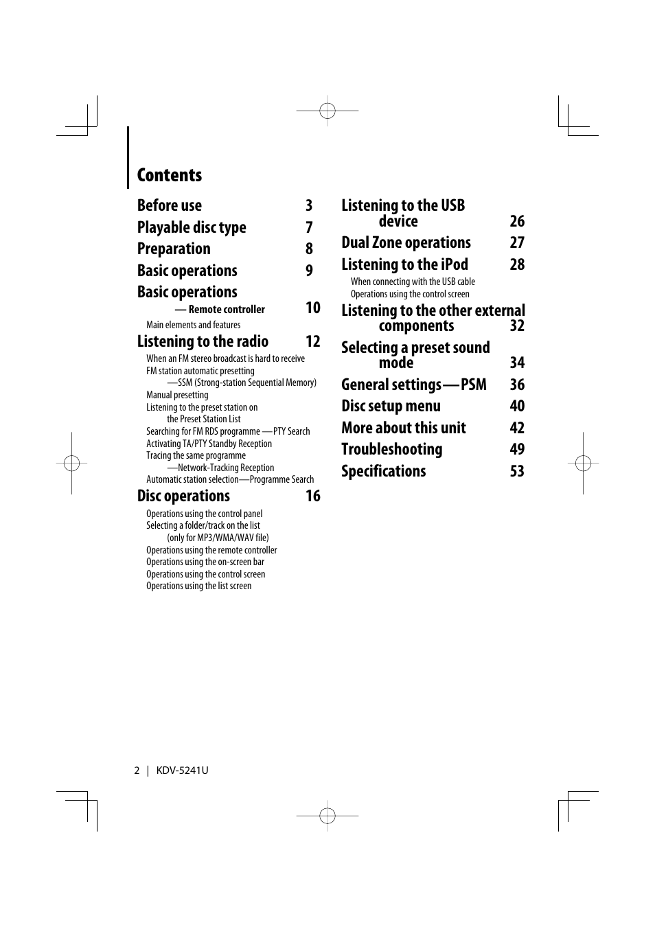 Kenwood KDV-5241U User Manual | Page 2 / 55