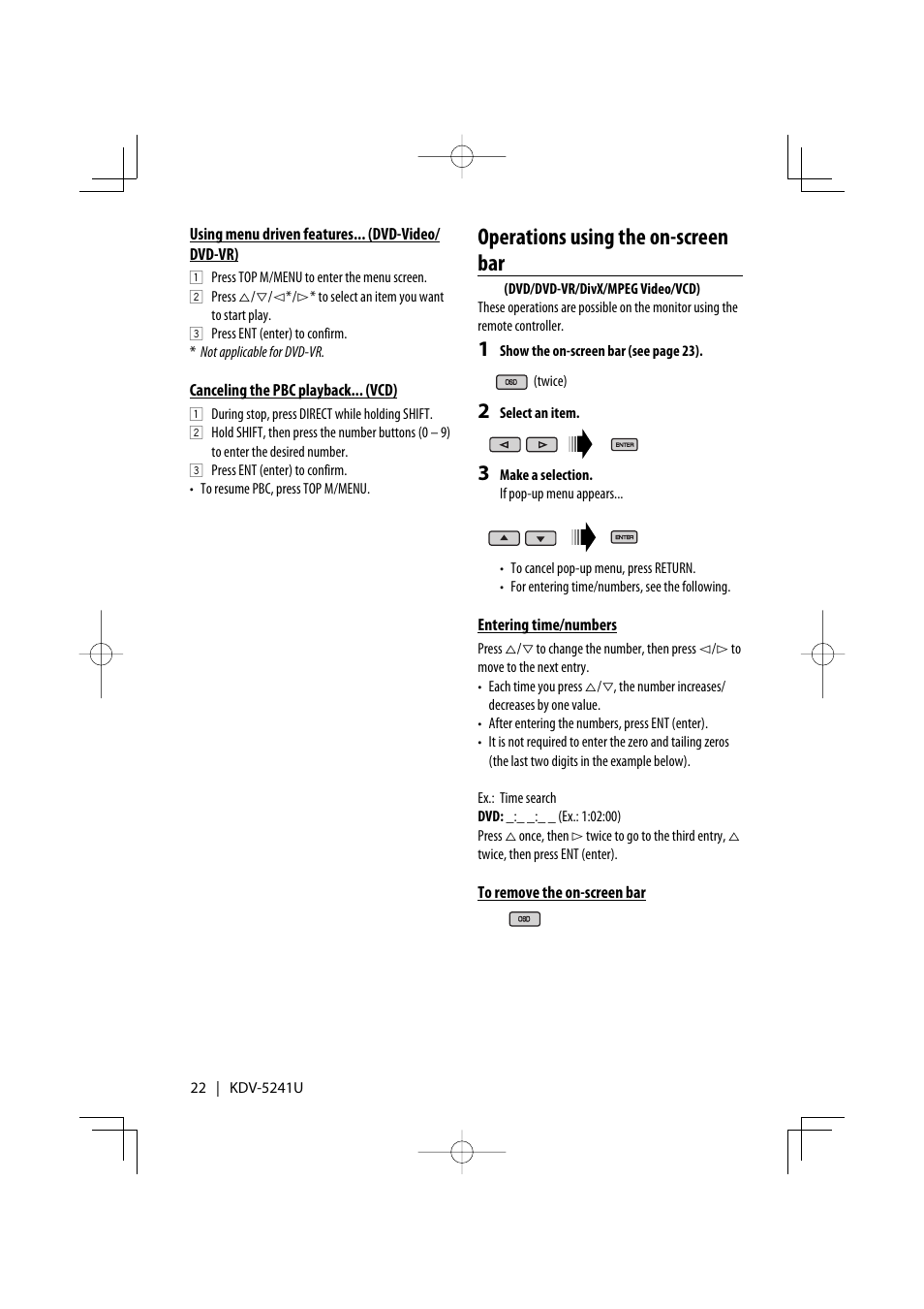 Operations using the on-screen bar | Kenwood KDV-5241U User Manual | Page 22 / 55