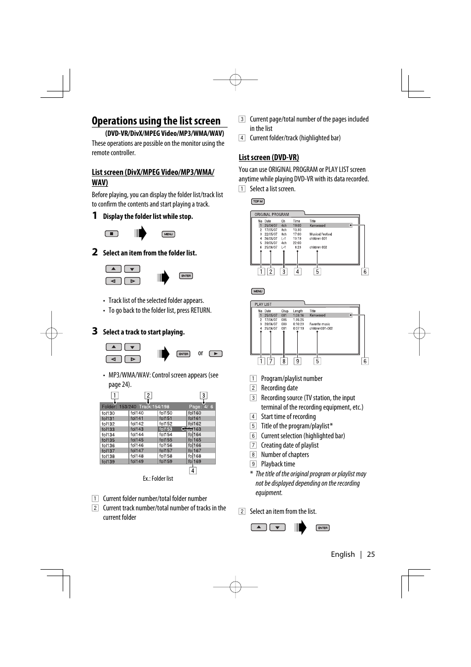 Operations using the list screen | Kenwood KDV-5241U User Manual | Page 25 / 55