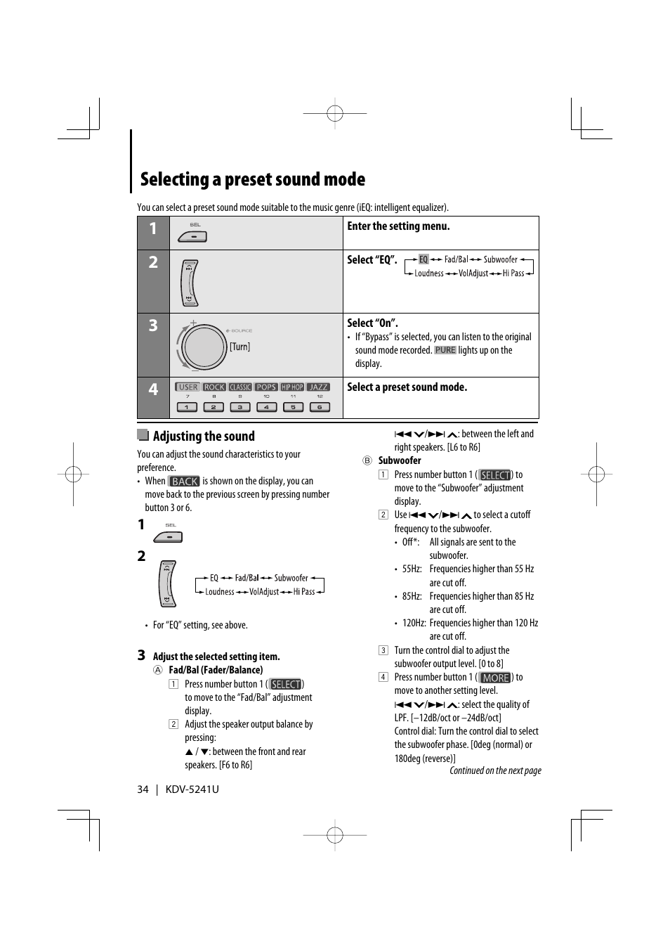Selecting a preset sound mode, Adjusting the sound | Kenwood KDV-5241U User Manual | Page 34 / 55