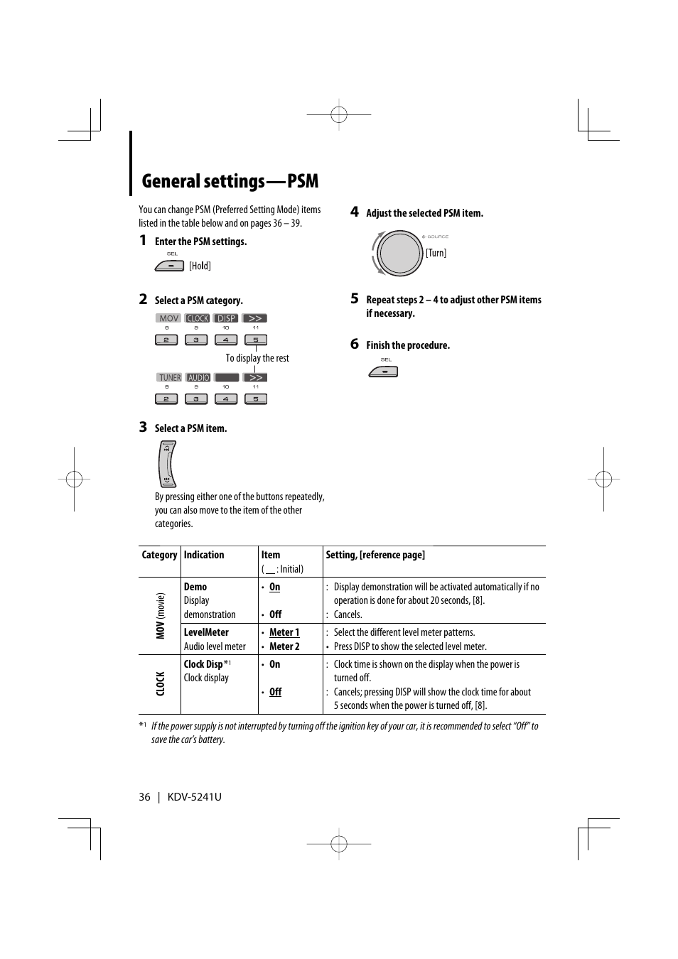 General settings — psm | Kenwood KDV-5241U User Manual | Page 36 / 55
